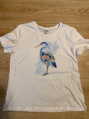 Coral Bay White Tee with Blue, Pink and Green Heron Art